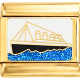 Goldenes und schwarzes Schiff mit blauem Meer auf Gold