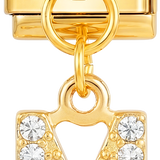 Letter M with stones, Hanging, on Gold - Letter-M-with-stones-hanging-on-gold.png