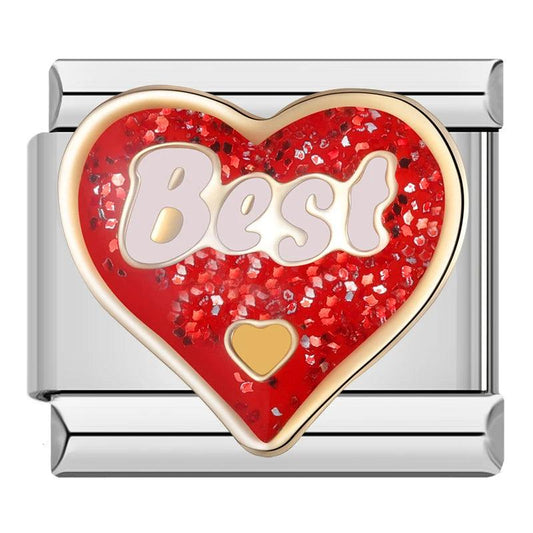Glittery Red Heart, Best, on Silver - Charms Official